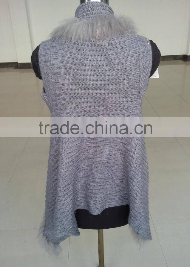 QD80274 2015 New Design Free Size Sweater Knitted Raccoon Fur Cardigan Vest