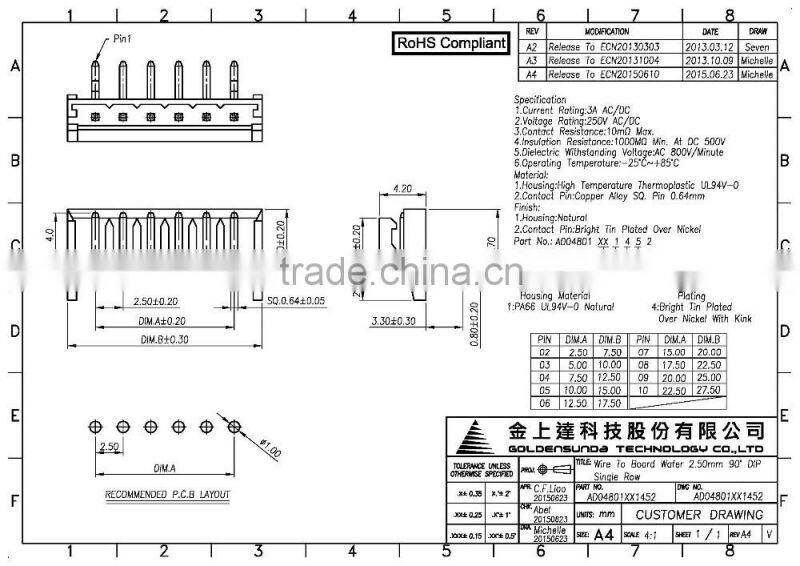 2.5mm Pitch Wafer Wire to Board Connector 2 ~ 10 Pin Available DIP 90 Right Angle