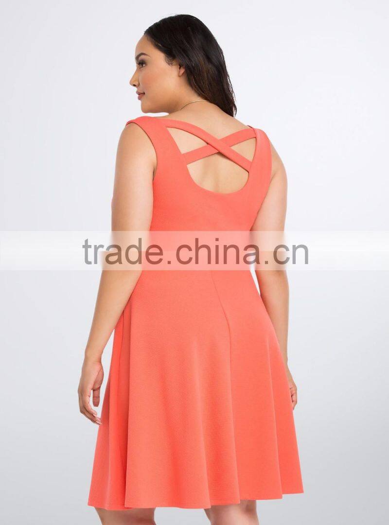 Textured Cross Back Coral Skater Dress 3XL Plus Size Dress