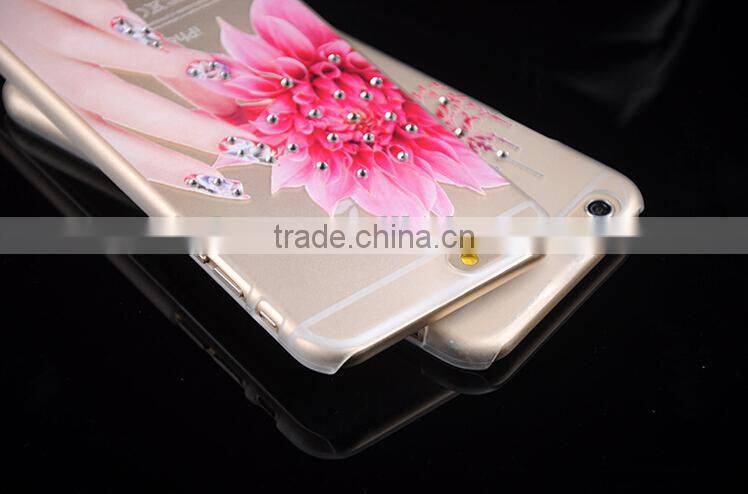 Embossed Printing Colorful Painting Case Ultra Thin Slim case for iPhone 6 with Bling diamond