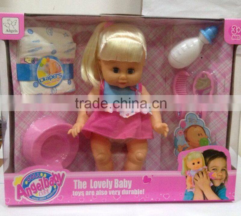 Hot selling 14inch soft material doll set drinking peeing girl baby doll toy