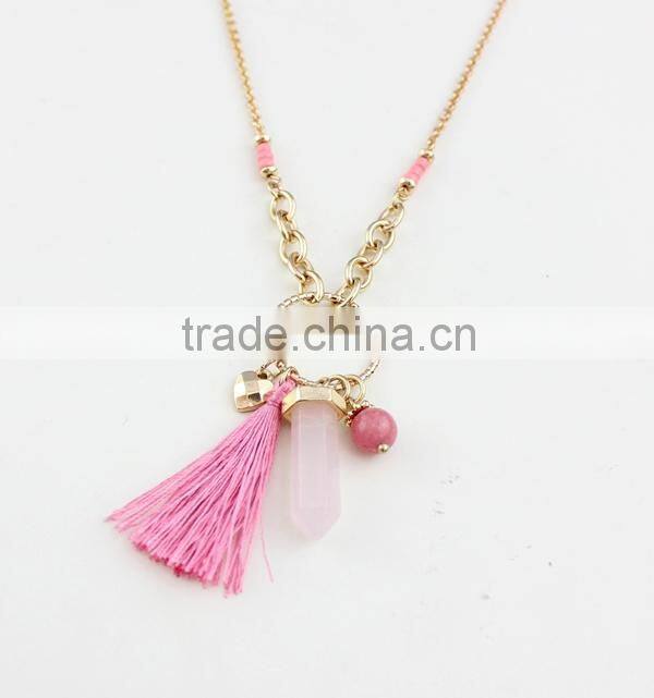 2015 Newest Long Tassel Pink Natural Stone Pendant Necklace