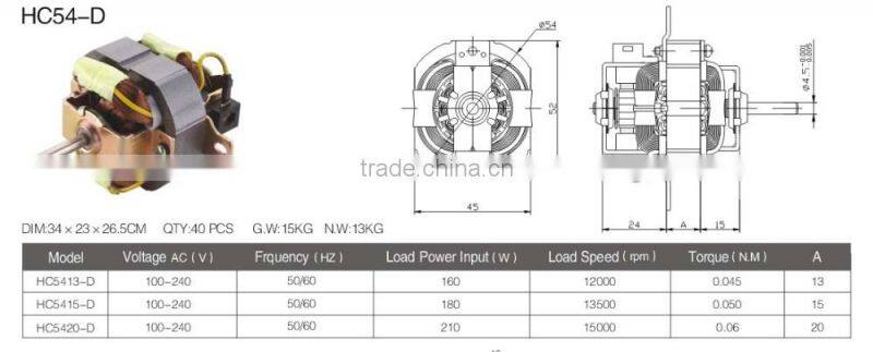 100-240V single phase ac motor hair dryer motor