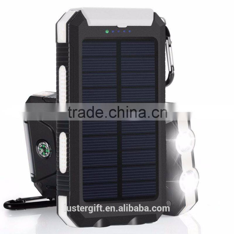 2016 Trending Products 10000mAh Lithium Polymer Battery IP67 Waterproof Solar Power Bank With Flashlight Compass for Outdoor
