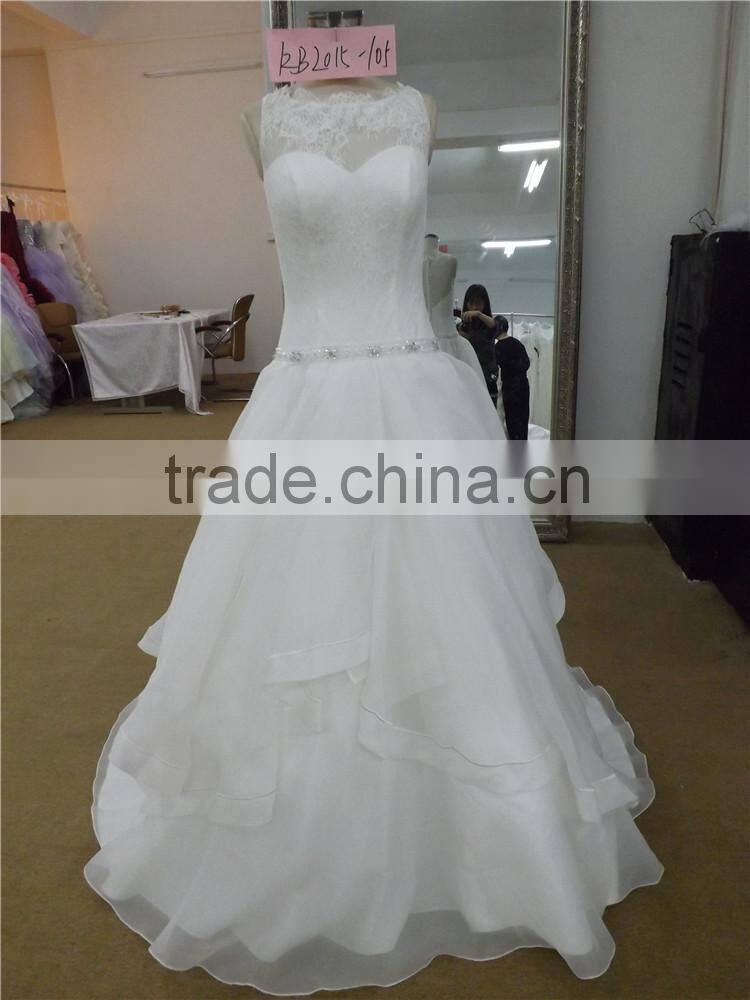 new arrival see-through lace neck layered organza ruffle wedding dress (KB2015-105)