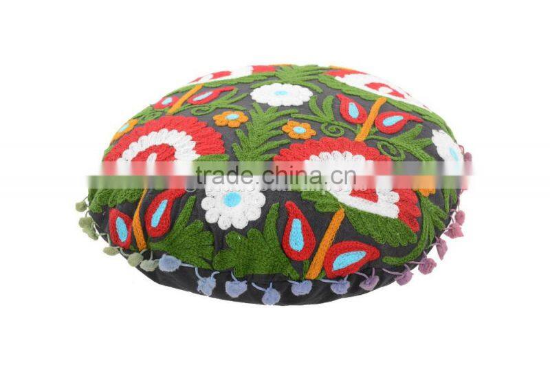 Indian Suzani Round Floor Pillows Cotton Ethnic Uzbek Embroidered Cushion Cover Boho Throw