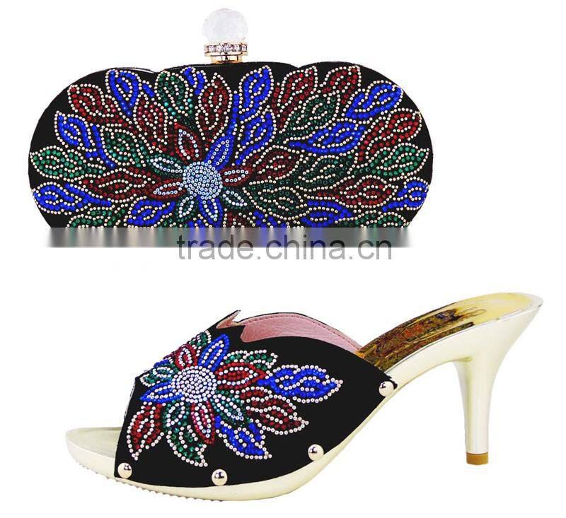 PU leather women shoes mix flower design hand bag shoes & bag set for girls