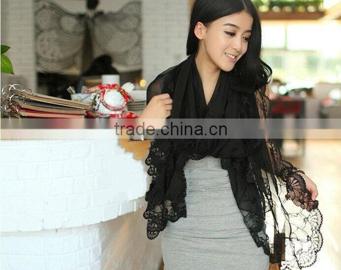 2014 Newest Style Solid Color Silk Chiffon Scarves Lady Girls Lace Edging Scarf Shawl Black Wholesale