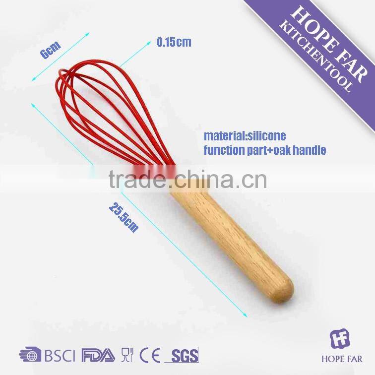 0300204 High quality 10" red color silicone egg whisk with wooden handle