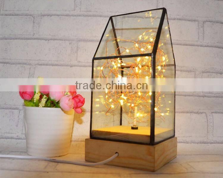 Decorative Glass House Design Night Light, Wooden DIY Fireworks Silver Flower Beautiful Bedding Room Warm Light