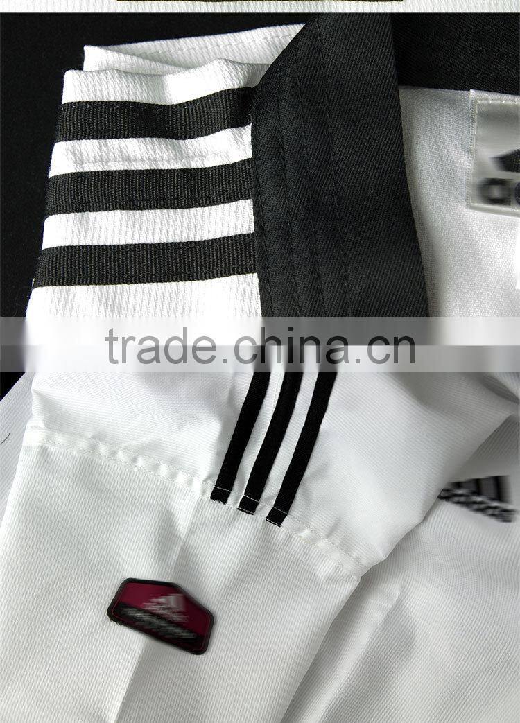 Customized logo embroidery factory lowest price good quality 3 black bars unisex taekwondo uniform