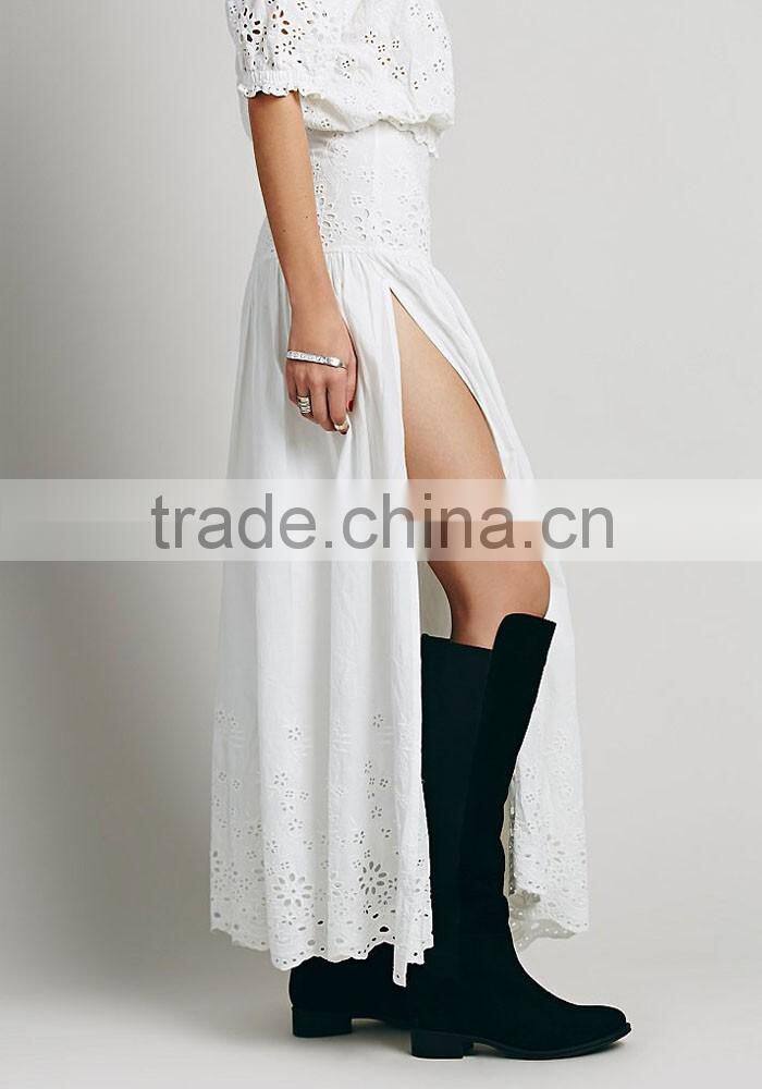 Ladies crop top and long skirt Sexy hollow out off shoulder short sleeve white beach dress