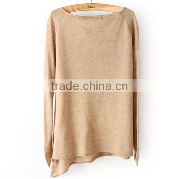2015 lastest fashional ladies' asymmetrical design fat blouse with long sleeves and round neck