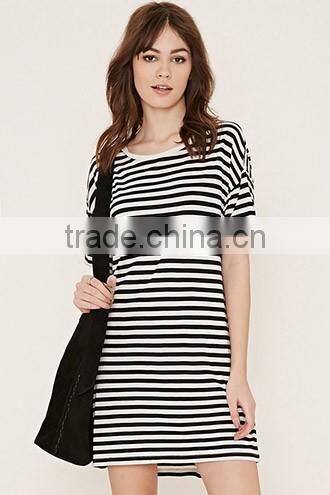 Contracted stripe straight dress with short sleeves