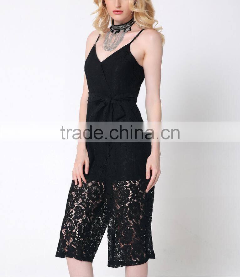M783 D.Y fashion 2016 women gallus lace v-neck bowknot jumpsuit pants