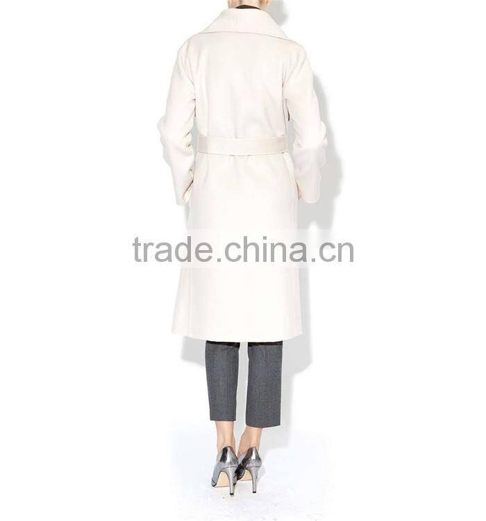 fashionable ladies double breasted long winter white coat with waistband