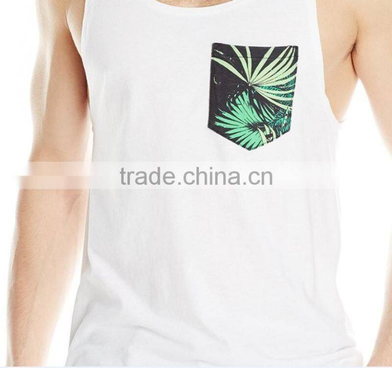 High quality white slim fit digital printing sports wear,gym wear singlet/tank top with printed pocket