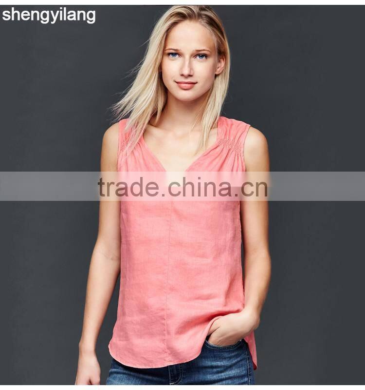 2016 newest product pure color leisure 100% linen vest custom high quality comfortable ladies tops