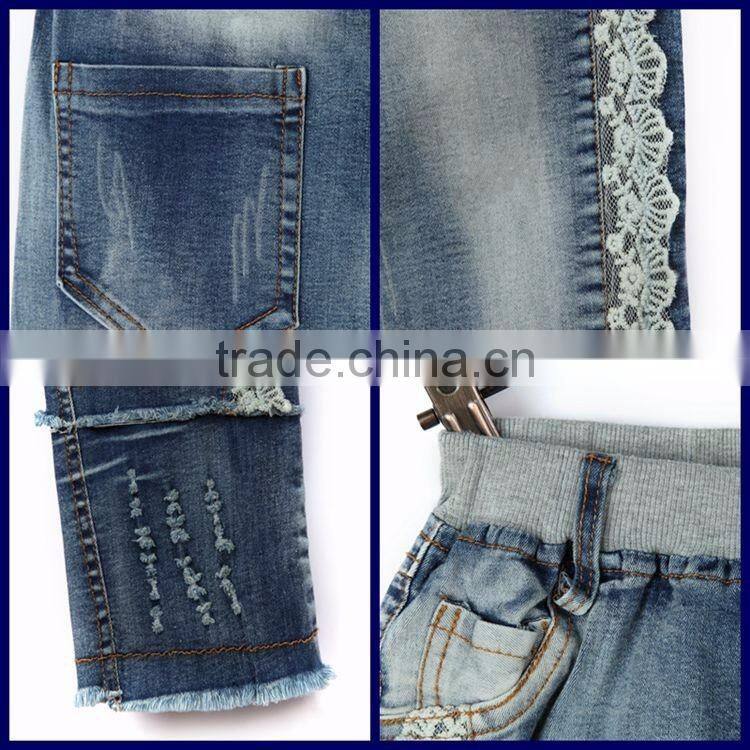 Cheap new style fray hem comfortable light blue lace stitched slim fit new design jeans for girls