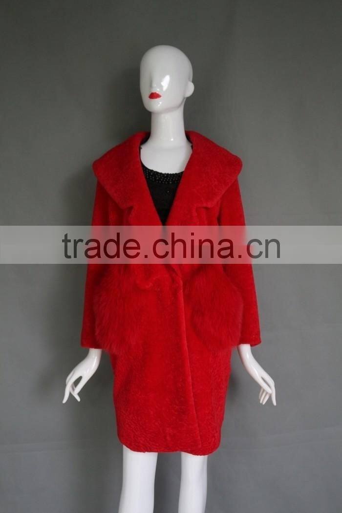 2016 Factory direct wholesale fashion lady's bright red lamb shearing fur jacket long warm real cashmere parka
