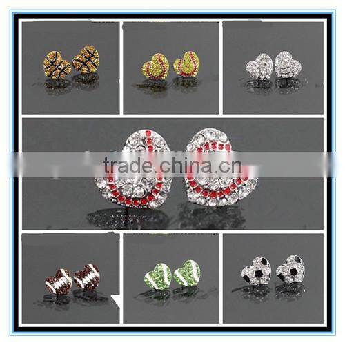 2015 factory price full all sports rhinestone heart stud earrings baseball stud earrings