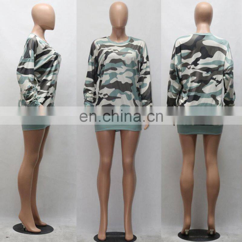 Europe And America Round Collar Long Sleeve Camouflage One-Piece Dress Sweater