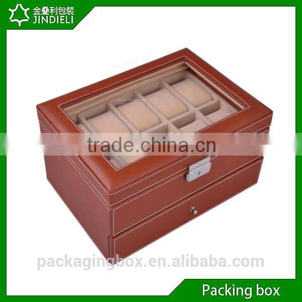 Unique perforated wooden watch display box with drawer glass top