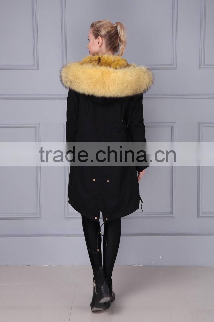 Brand fashion womens genuine fox fur lining parka with raccoon fur hood
