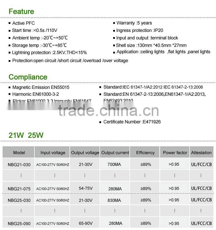 25w 900ma US ul plastic shell led driver for indoor with 5years warranty