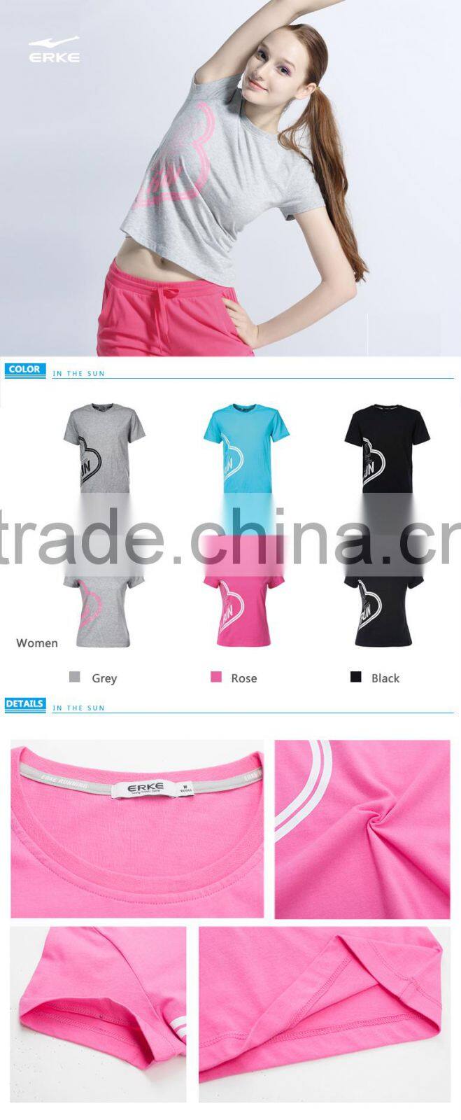 ERKE hot selling women summer cotton t-shirt girl sports round neck t-shirt plain color couple style for lovers wholesale/OEM