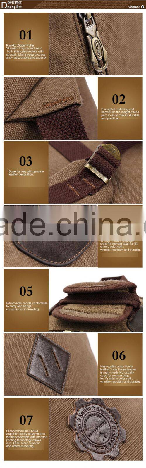 Canvas School Backpack with PU Leather Trim Vintage Rucksack Laptop Satchel Bag Khaki Canvas Backpack Knapsack