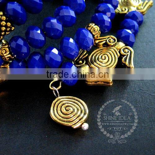 vintage antiqued gold wings deep blue faceted glass beads 6 layers chunky chic fashion wiring bangle bracelet jewelry 6490041