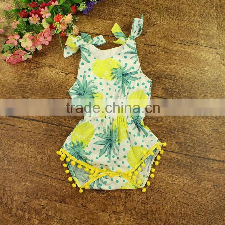 100% cotton toddler girl summer fruit print pom pom floral baby clothes romper first birthday pom girls jumpsuit
