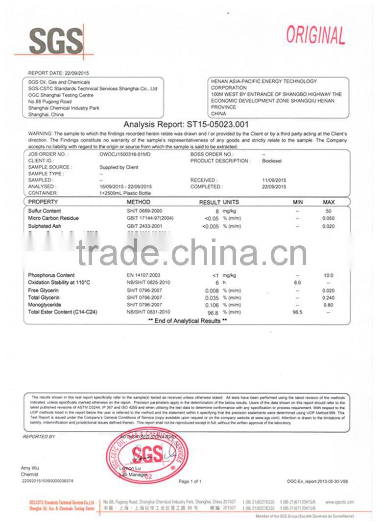 China manufacturer waste vegetable oil for biodiesel