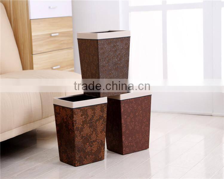 Plastic Medium Rectangle Leather Wraped Cheap Trash Can for Hld With Open Top Button 11L