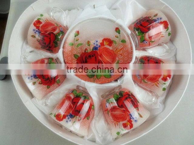 Glass tea cups&saucers with flower design