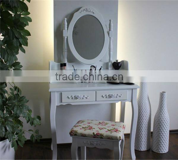 European Style Solid Wood Makeup Table Set With Stool Bedroom Dresser Simple Modern Ivory White Cosmetic Table With Mirror