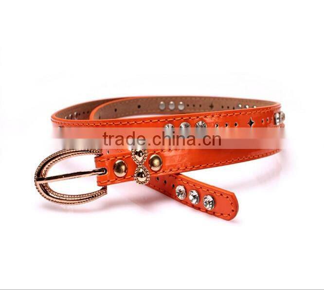 Fashion rhinestone decorated pin buckle sex girl thin orange PU waist belt