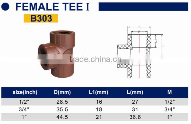 TY High quality PP threaded pipes&fittings FEMALE TEE A eco-friendly Cheap Price Full Size factory price list discount