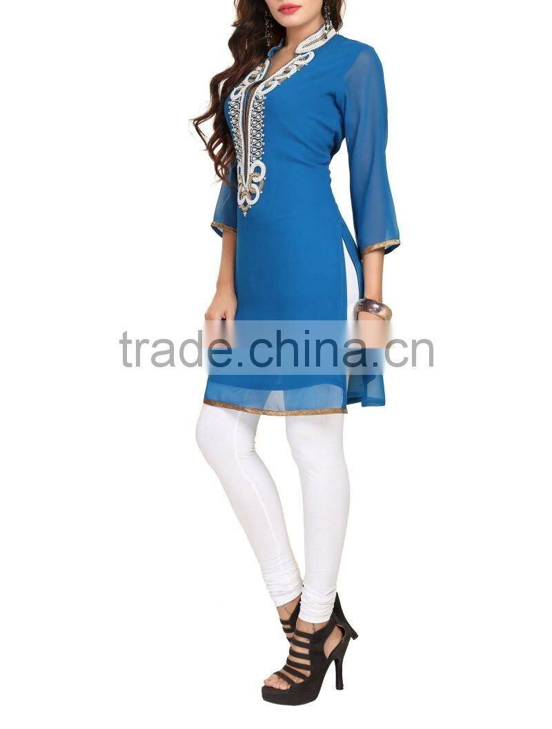 Pakistani Kurtis Glam And Glitter Tunic With Beadwork In White And Copper Front Neck Designs For Kurtis 2016 HSD5443