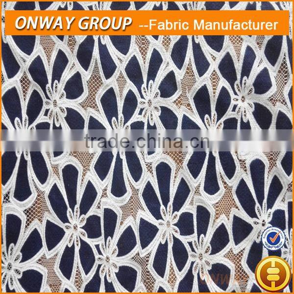 shaoxing china textile city produced ladies fashion wear in polyester cotton burn-out african net lace fabric