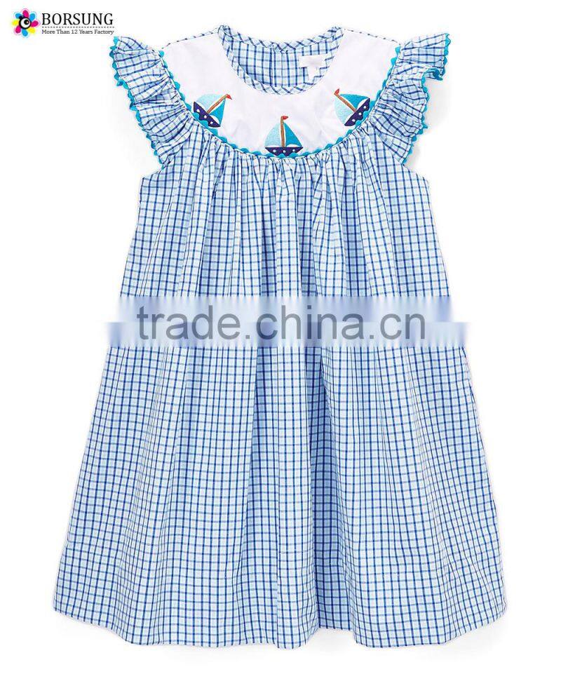 Children Boutique Cotton frocks designs baby blue boat Smocked Dress Summer kids clothing