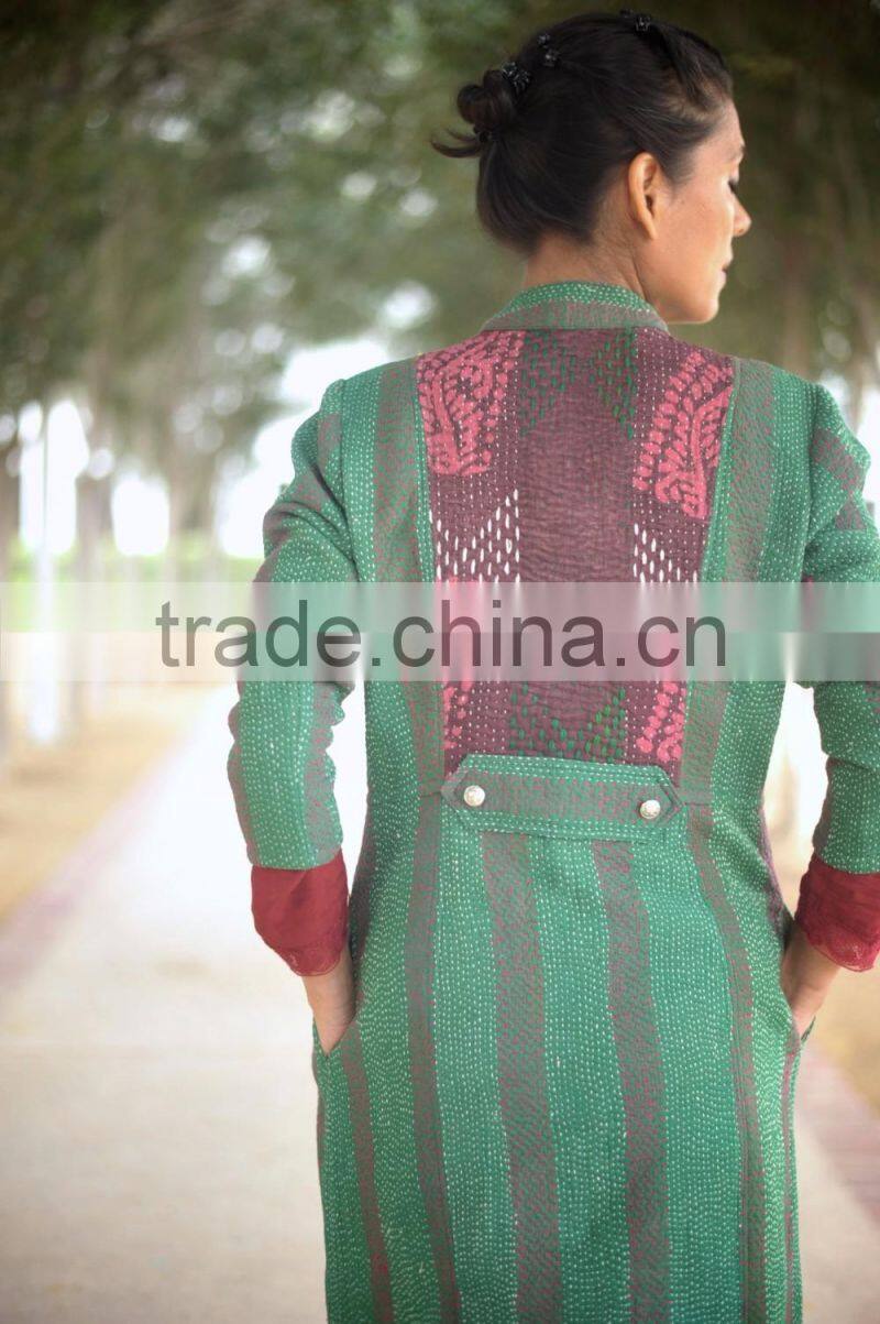 Vintage Kantha Long Jacket in Beautiful Viridian Green and Dull Red ~ Small