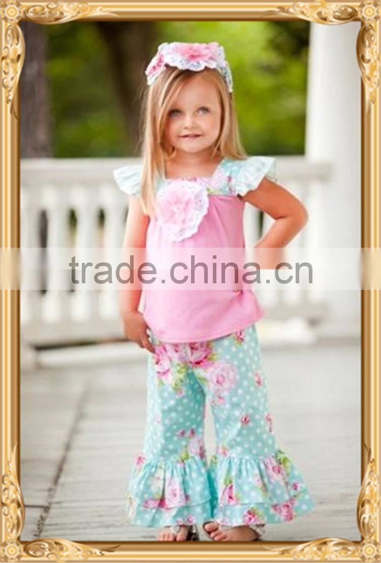 Boutique girl clothing spring and summer easter bunny outfits for toddler girls bunny top and floral triple ruffle pants sets