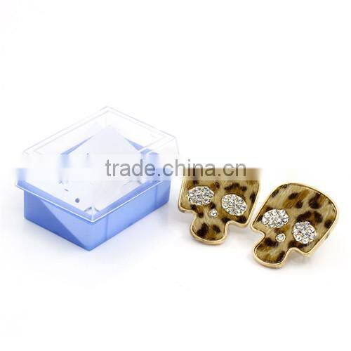 Gold Plated Leopard-Skin Printed Clear Rhinestone Halloween Skull Earring Post With Gift Box 31.5x15mm