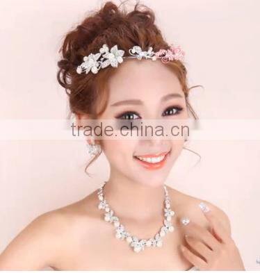 Flower Rhinestone Crystal Pearl Bridal Necklace Earrings Crown Women's Wedding Jewelry Set