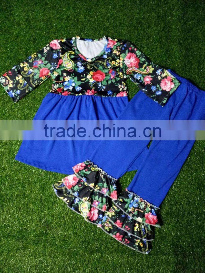 2016 new style Halloween black and orange pumpkin tunic and triple ruffle pant clothing sets bulk wholesale kids fall clothing