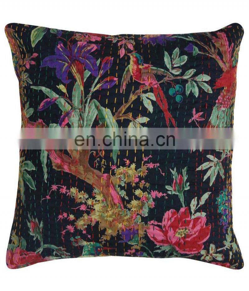 Kantha Pillow Cover Sofa Cushion Covers Floral Pillowcase Indian Home Decor Indian Bird Printed Cushion Covers