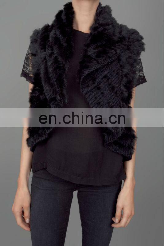 dyed black color rabbit fur knitting vest /with lace around shoulders