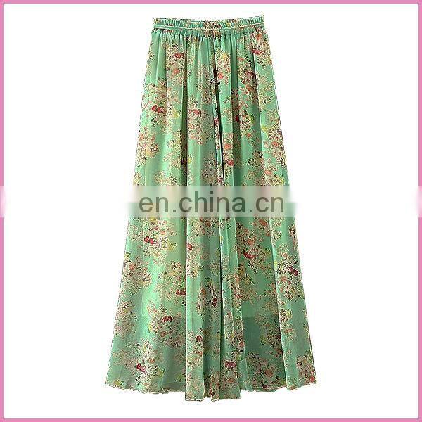 summer new fashion printed chiffon drawstring long skirt